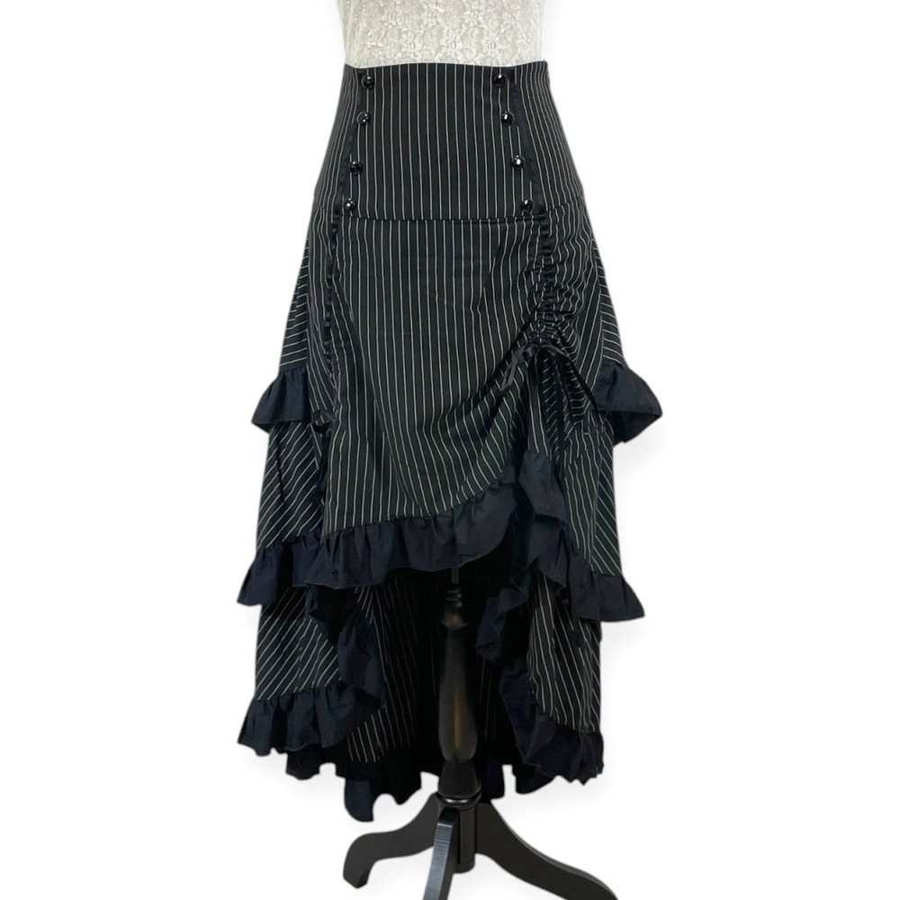 Chic Star Black Pinstripe High Low Ruffle Steampunk Victorian Maxi Skirt Size S